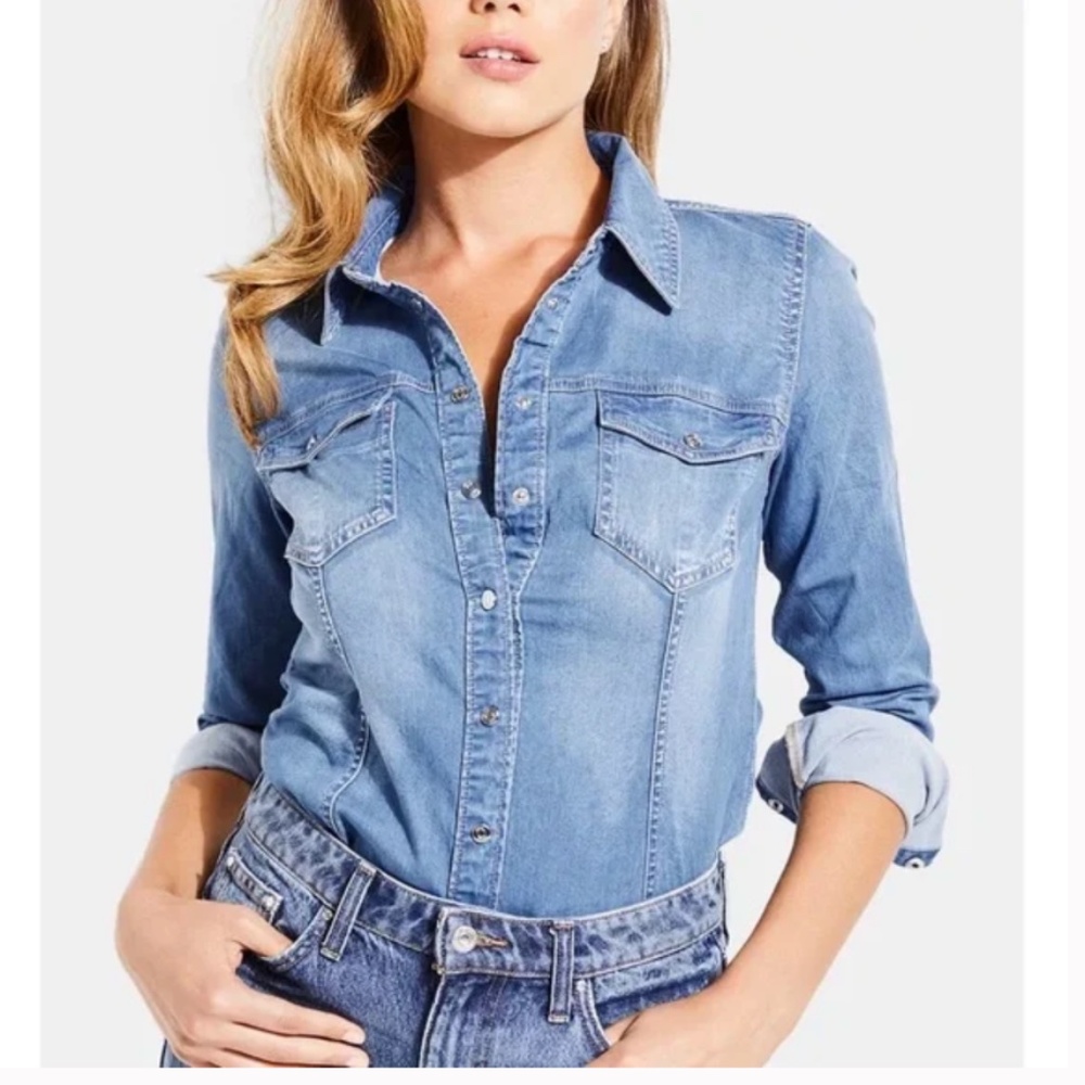 Vintage Guess Denim Western Chambray Snap Shirt - Picture 5 of 16
